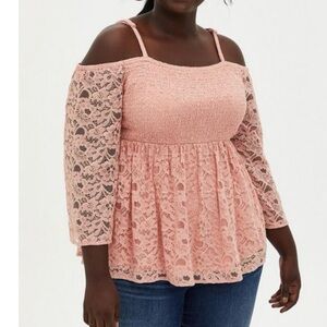 Torrid Blush Pink Babydoll Lace Bell Sleeve Smocked Cold‎ Shoulder Top 1X
